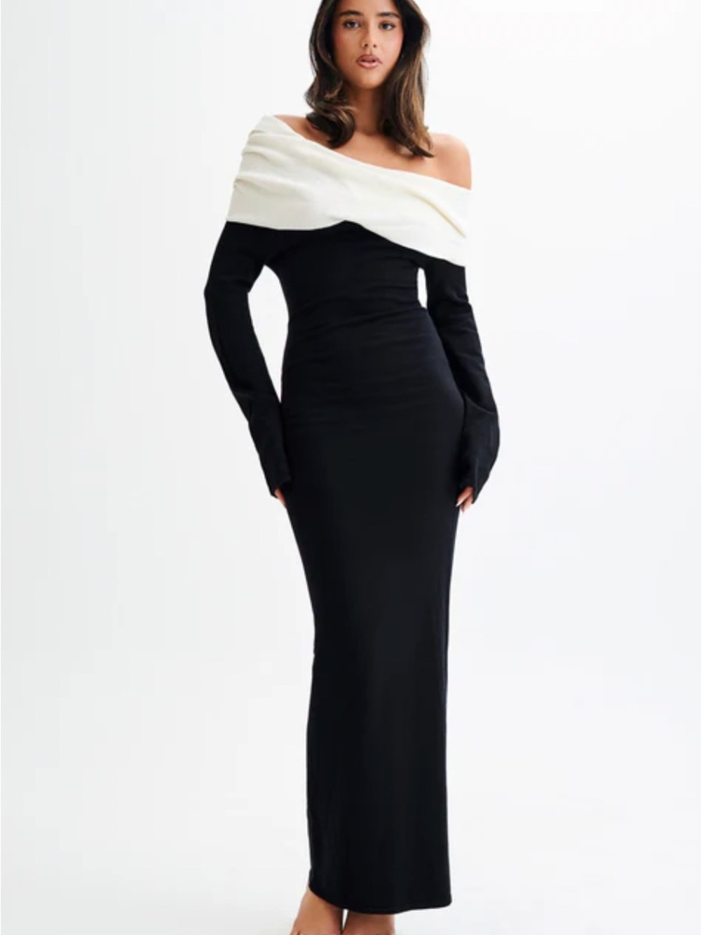 Meshki Black Maxi Dress with White Draped One-Shoulder Detail